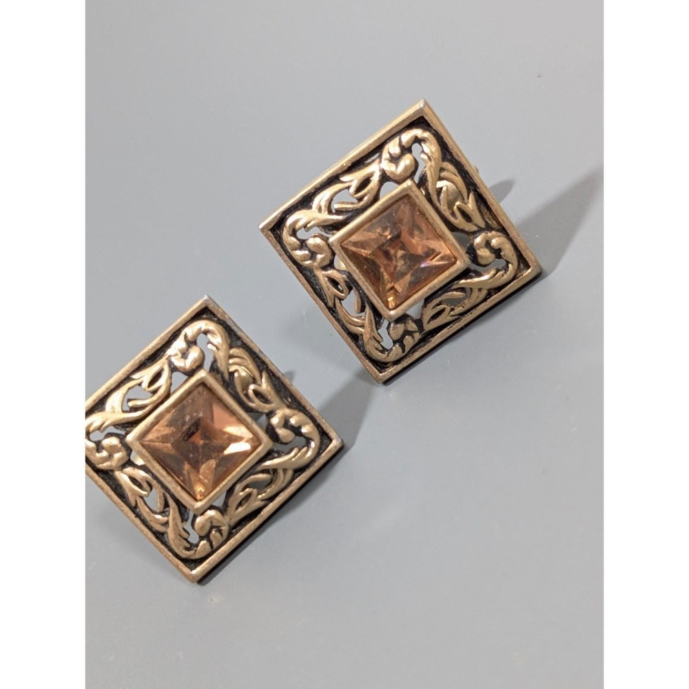Vintage Swank Faux Topaz Stone Square Vine Scroll Gold Tone Cufflinks